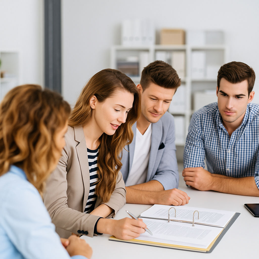 Professional team collaborating on financial planning and documentation in modern office setting