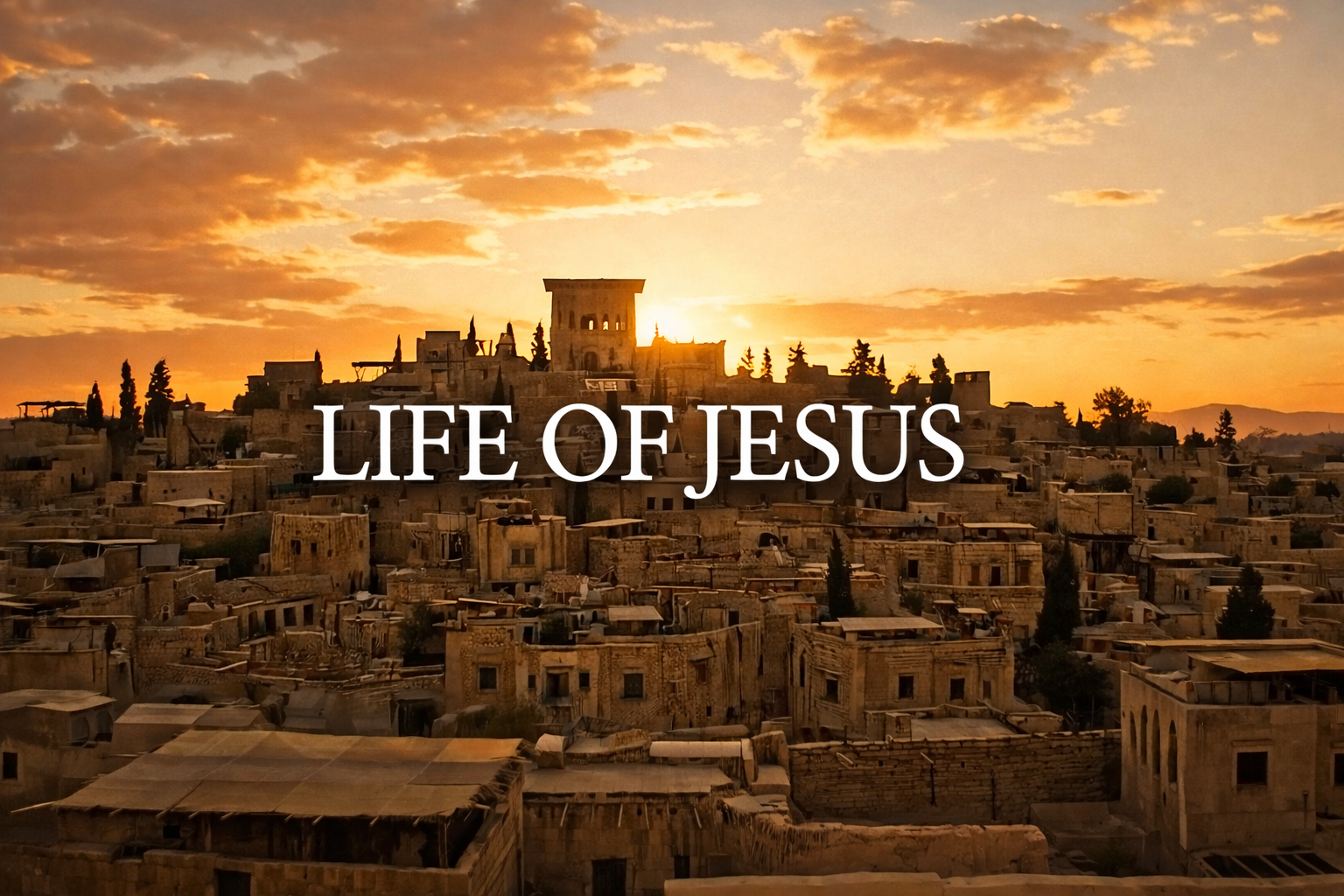 Life of Jesus - ancient Jerusalem cityscape at sunset with stone buildings and dramatic orange sky