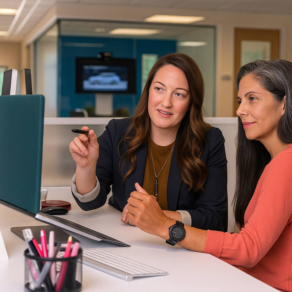 Two professional women collaborating on marketing strategy in modern office setting with laptop and business materials