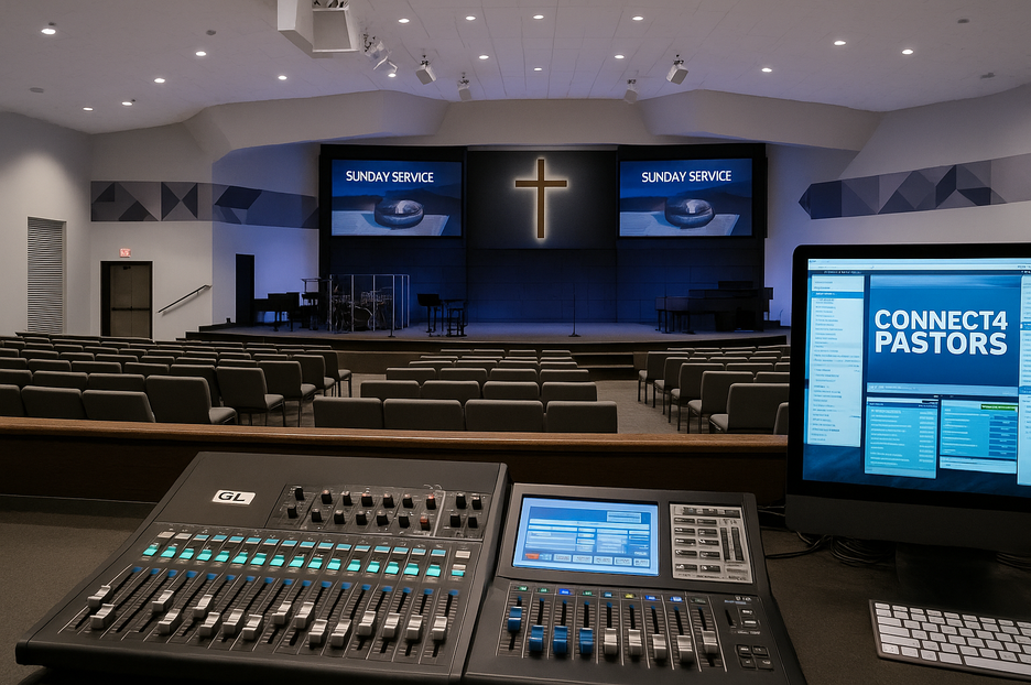 Modern church sanctuary with professional audio mixing console, screens displaying Sunday Service, and Connect4Pastors technology interface